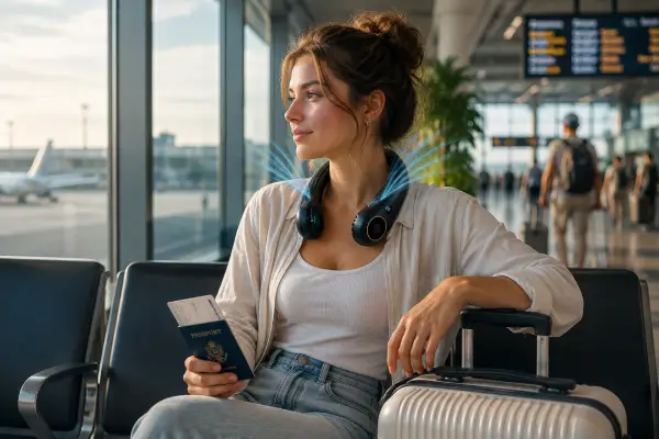 Jeune femme portant VANKOR Breeze dans l'aeroport