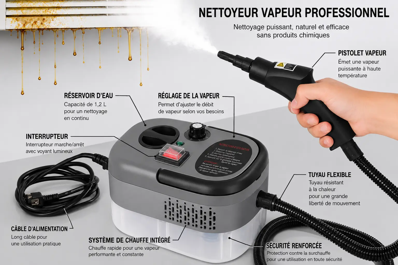 Schéma technique annoté du nettoyeur vapeur Vankor